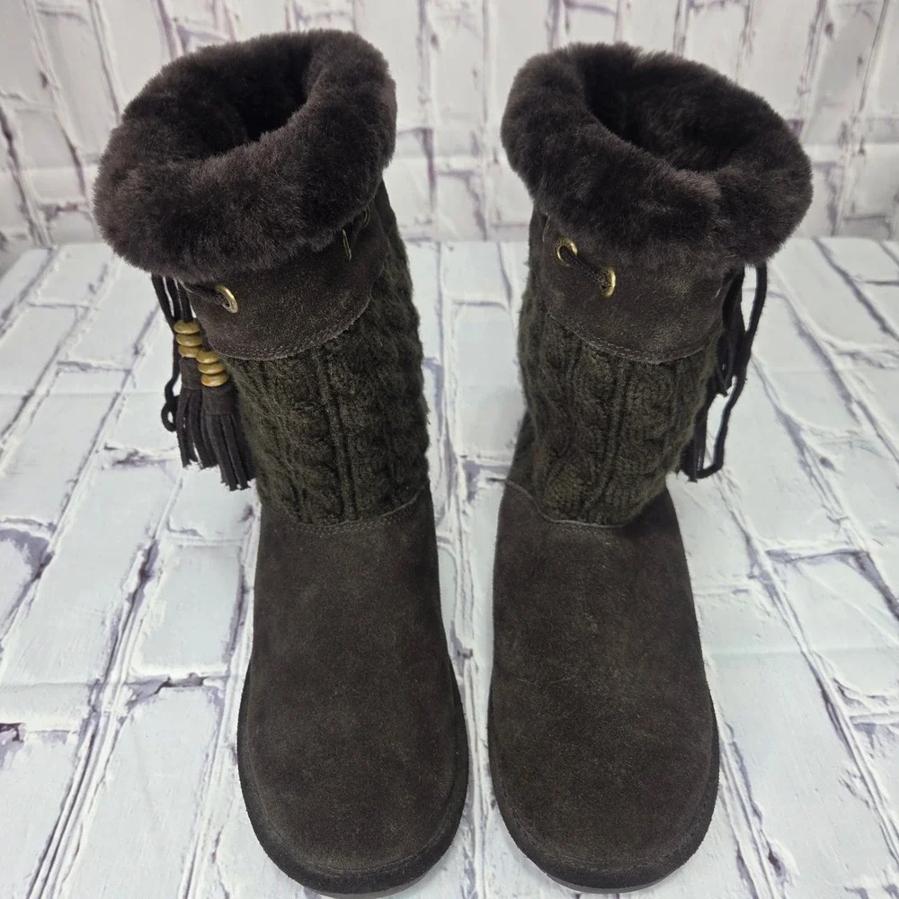 Bearpaw Womens Brown Suede‎ Cable Knit Tassel Faux Fur Winter Boots Size 7 Comfy